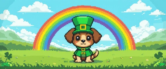  8 Bit St. Patrick s Day Puppy with Rainbow