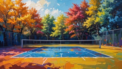  Abstract Tennis Scene Expressive Style with Impasto Texture, The Rich Colors Make a Playful and Dynamic Composition