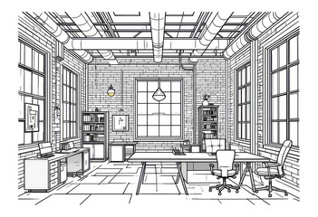  Line Art Illustration of Loft Office Space with Exposed Ductwork Warehouse Windows for an Urban Vibe.