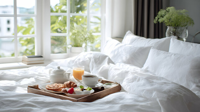 Breakfast in bed brings joy on a sunny morning with pastries tea and orange juice in a bright room