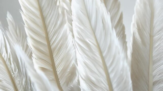 A gentle drift white feathers varying sizes creates textured layered composition graceful motion artistic 4K vertical video is ideal soft transitions luxury branding dreamlike motion graphics