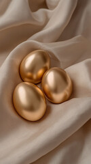 Golden Eggs Resting on Silky Fabric for Elegant and Luxurious Concept