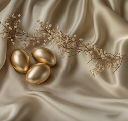 Decorative Gold Eggs and Dried Plants on Elegant Satin Fabric Surface