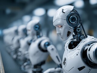 Fototapeta premium Futuristic Robot Lineup in a High-Tech Industrial Environment