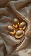 Golden Eggs on Elegant Fabric with Soft Lighting and Neutral Background