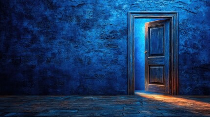 A dimly lit room with an open door revealing light.