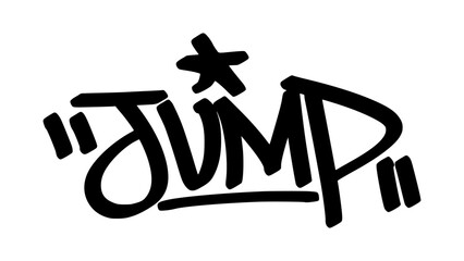 Graffiti tag &ldquo;Jump&rdquo; in bold street handstyle. Urban vector lettering with energetic and uplifting vibe&mdash;perfect for movement themes, extreme sports, and dynamic street-style graphics.
