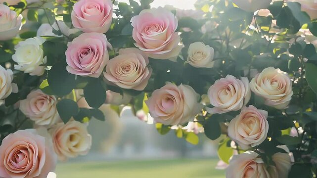 A romantic floral archway sways gently park setting covered pastel roses shallow depth field perfect wedding visuals event decoration es garden atmospheres beautiful 4K clarity