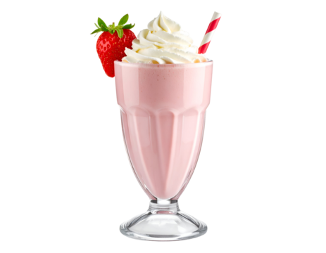 Strawberry milkshake with whipped cream and cherry on a glass