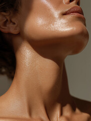 Glowing female jawline and neck – skincare and beauty close-up in natural light