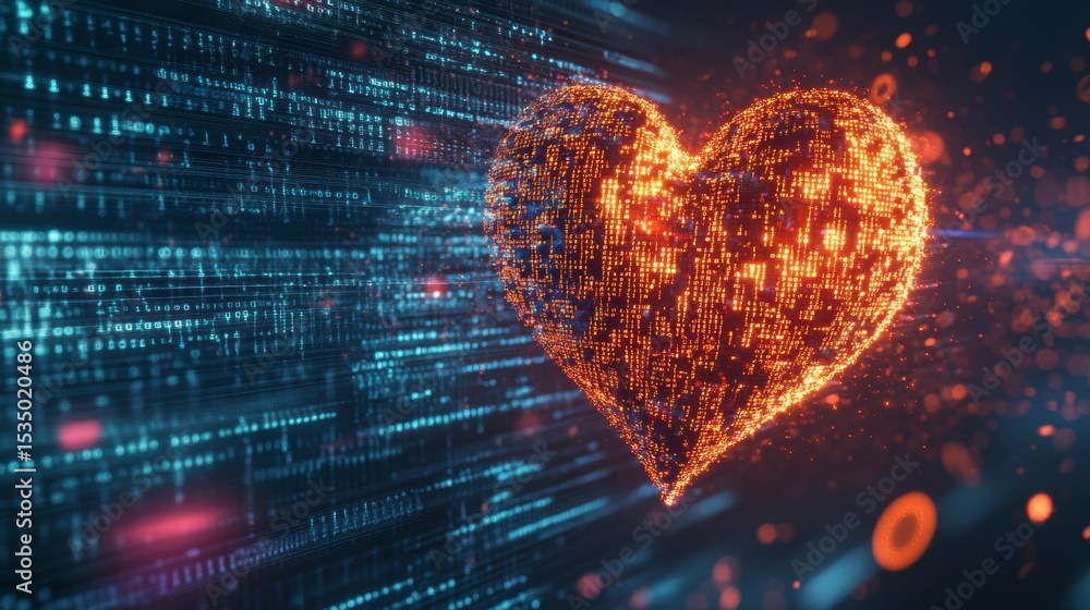 Aufkleber glowing heart formed from digital data streams.