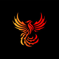 Golden Phoenix. Flying Fenix Bird logo design red gold