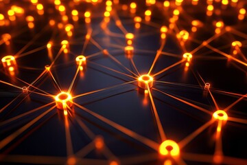 Glowing neural nodes connected by red light paths on glossy black surface, symbolizing futuristic data network or artificial intelligence connectivity