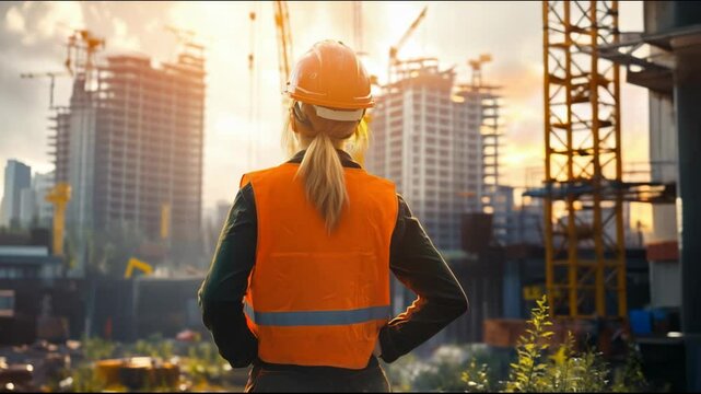 Woman quantity surveyor standing with her back and watches at a material takeoff site. Wearing a helmet and orange safety vest, exquisite detail, realistic photography, hyper realistic-realistic