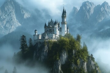 Fairy tale castle on mountain peak surrounded by mist and alpine forest in dreamy landscape