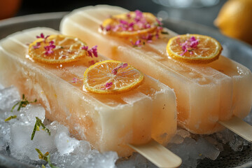 Orange slices frozen in ice on a plate.