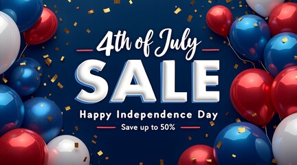 4th of july sale banner with balloons and confetti