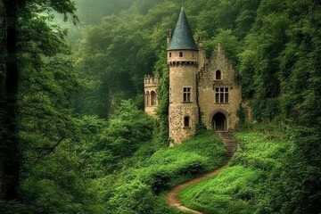 Fototapeta premium Mystical medieval castle hidden deep in lush green enchanted forest with magical ambiance