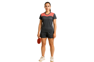 Serious young female table tennis player standing with paddle in hand, PNG