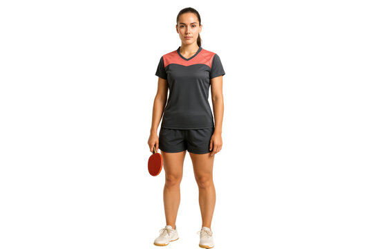 Serious young female table tennis player standing with paddle in hand, PNG