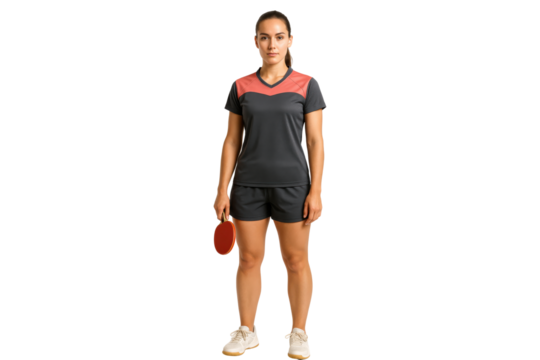 Serious young female table tennis player standing with paddle in hand, PNG - Powered by Adobe