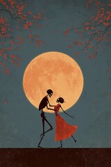 Skeleton couple dancing under full moon, romantic spooky illustration