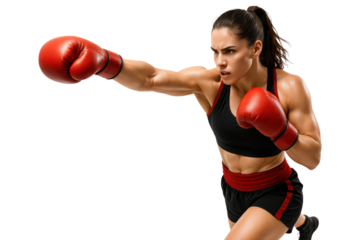 Focused female boxer punching forward wearing red boxing gloves, isolated on transparent background