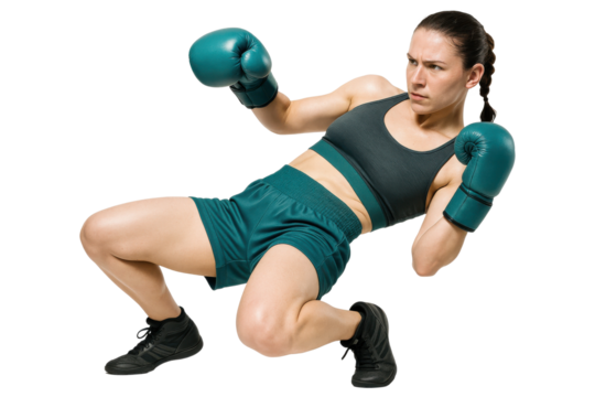 Focused female boxer dodging punch wearing teal boxing gloves, PNG