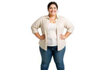 Smiling plus size woman standing with hands on hips wearing casual outfit, PNG