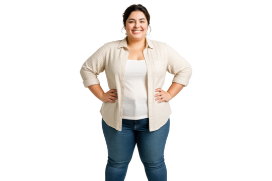 Smiling plus size woman standing with hands on hips wearing casual outfit, PNG