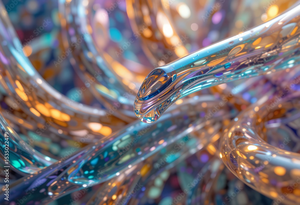 Poster close up view of abstract glossy transparent tubes reflecting colorful light in futuristic style
