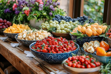 Bowls of fruit and vegetables on table.