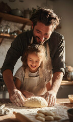 Father and daughter joyfully baking together crafting memories and strengthening their bond in the warm kitchen light