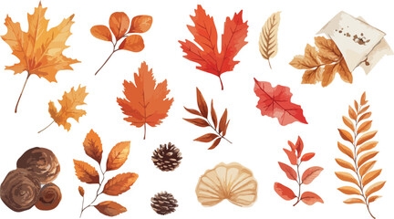 Obraz premium Watercolor Autumn Elements Collection with Leaves Pine Cones and Mushrooms Isolated on White Background for Seasonal Designs and Creative Projects Perfect for Fall Themes