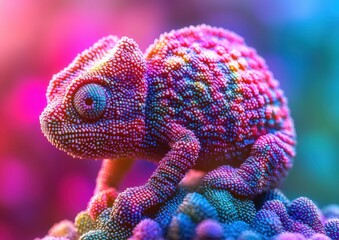 Colorful chameleon, pixelated design. AI.