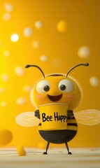 Happy bee holding a cup. AI.