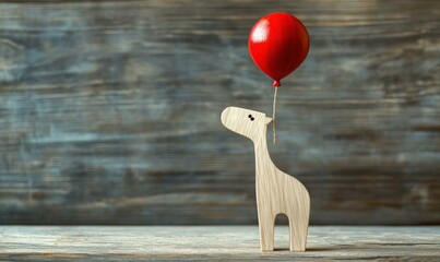 Wooden giraffe with a red balloon. AI.