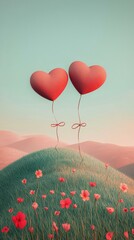 Two heart-shaped balloons float above a grassy hill. AI.