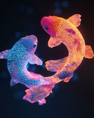 Two luminous fish in a swirling dance. AI.