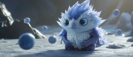 A fluffy, blue creature sits on a snowy landscape. AI.