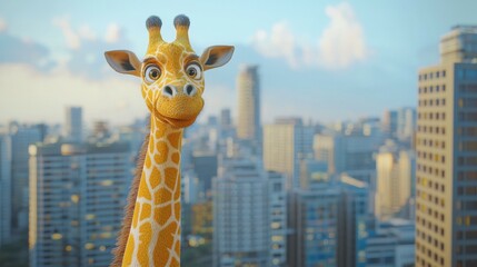 Obraz premium Cute giraffe in a city. AI.
