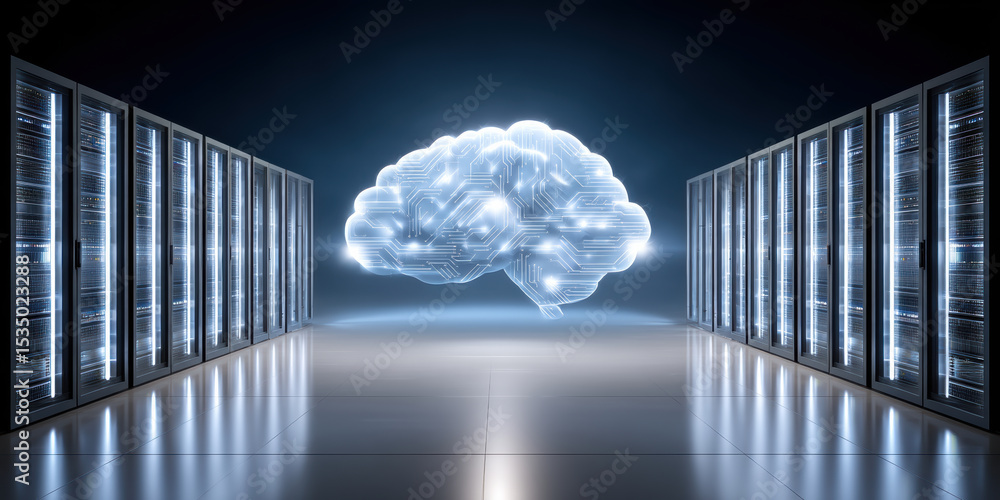 Poster artificial intelligence brain with big data servers in healthcare data center glowing with futuristi