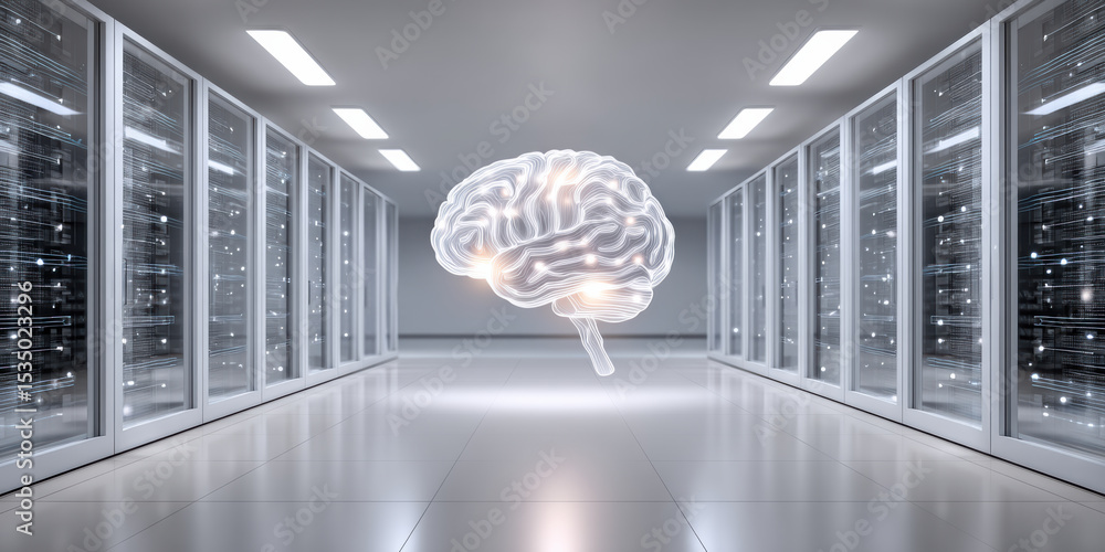 Poster artificial intelligence brain glowing in big data center for healthcare innovation and technology de