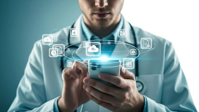 A doctor seamlessly accesses patient data through a smartphone interface, a futuristic digital ecosystem of medical records and cloud services swirling around him - Powered by Adobe