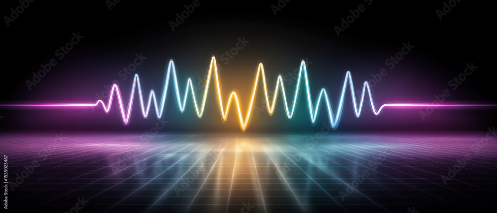 Poster neon heartbeat wave with big data reflection symbolizing healthcare monitoring and digital health te