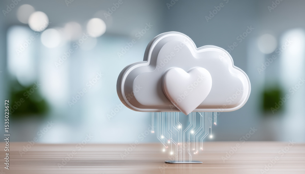 Poster cloud heart symbol with digital circuit lines representing big data and healthcare technology innova