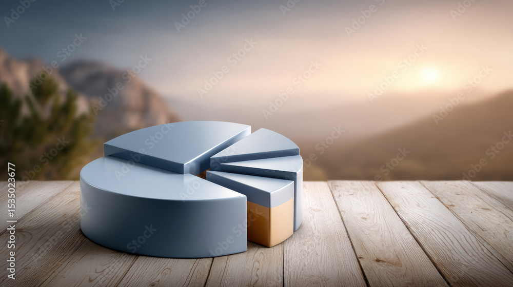 Poster big data visualization in healthcare concept with 3d pie chart on wooden table and mountain backgrou
