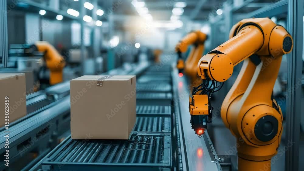 Aufkleber automated robotic arm handling cardboard box on conveyor belt in modern industrial factory with brig