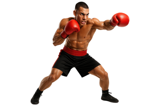 Powerful male boxer punching forward wearing red boxing gloves, isolated on transparent background - Powered by Adobe