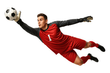 Male soccer goalkeeper diving to save the ball wearing red uniform, PNG